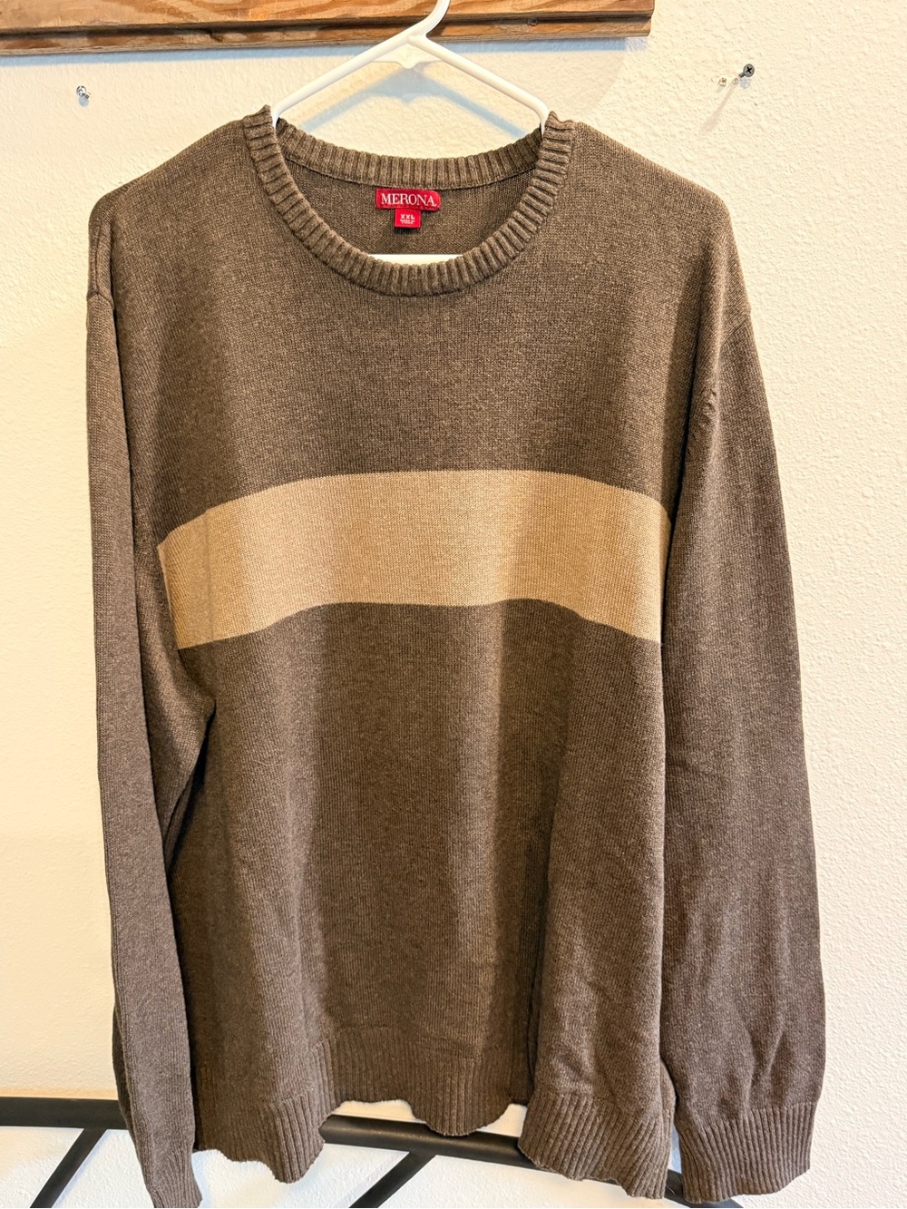 Merona Men’s XXL Brown Tan Stripe 100% Cotton Crewneck Sweater